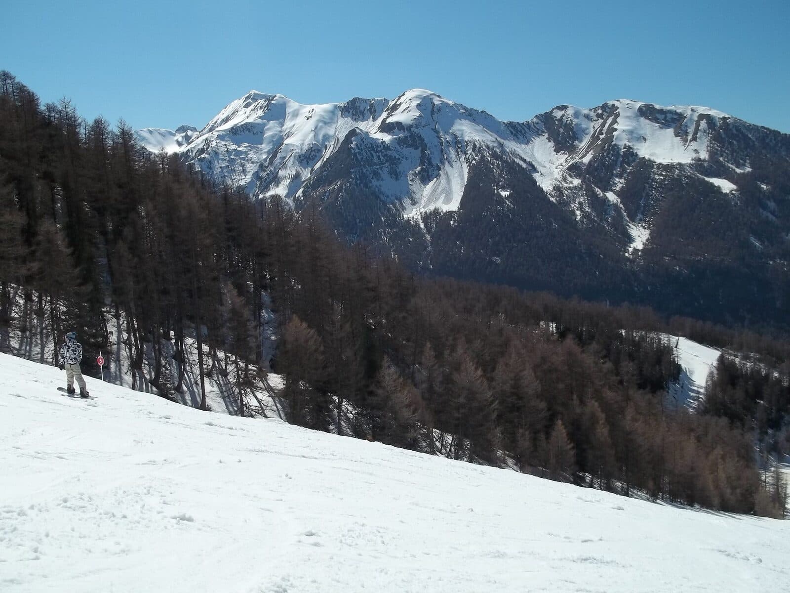 A snowboarder on a sunny piste at Les Orres, above larch woods, with snowy peaks across the valley